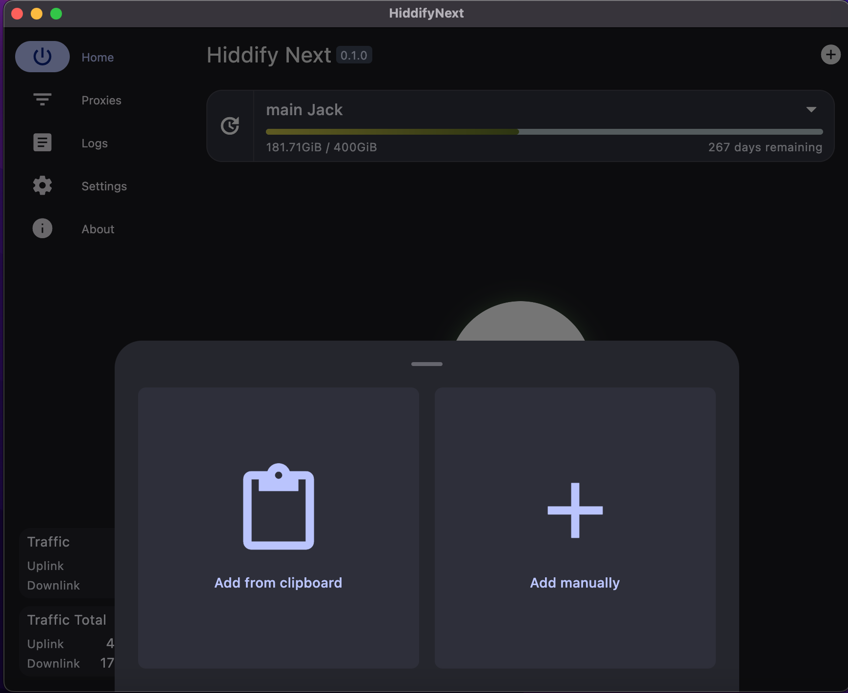 Экран Hiddify с вариантами Add from clipboard и Add manually