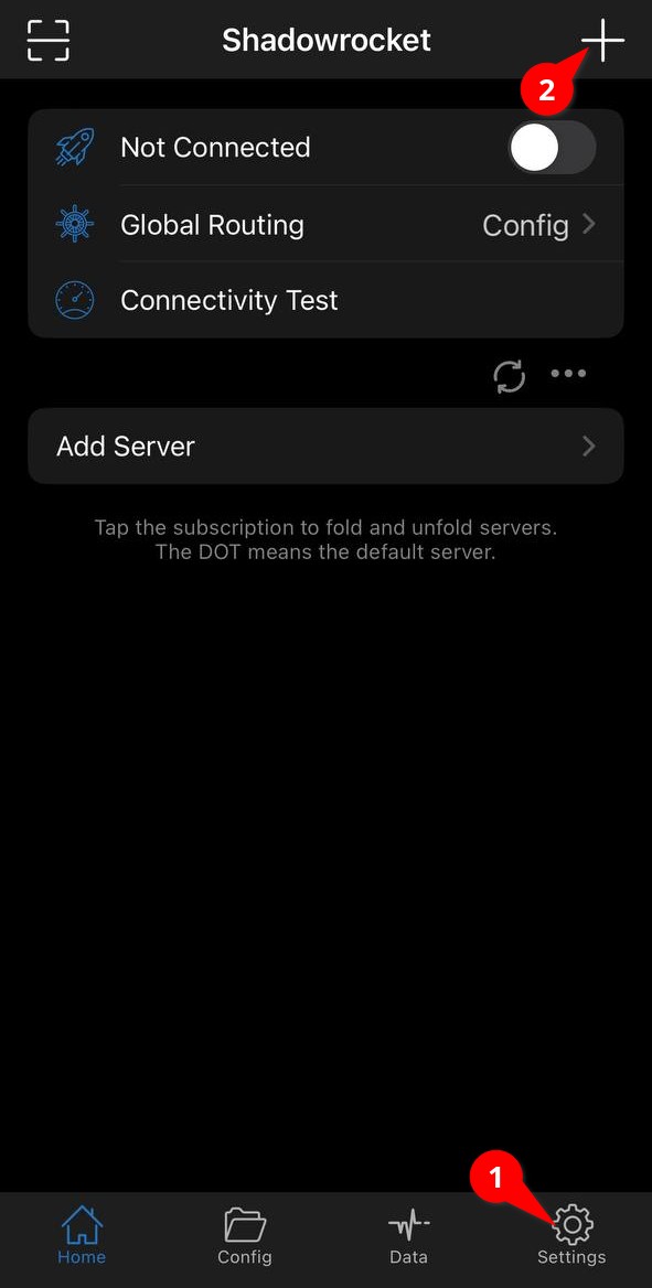 Главный экран Shadowrocket с отмеченными Settings и кнопкой плюс