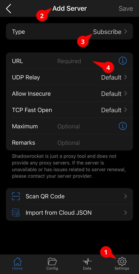Форма Add Server в Shadowrocket с типом Subscribe и полем URL