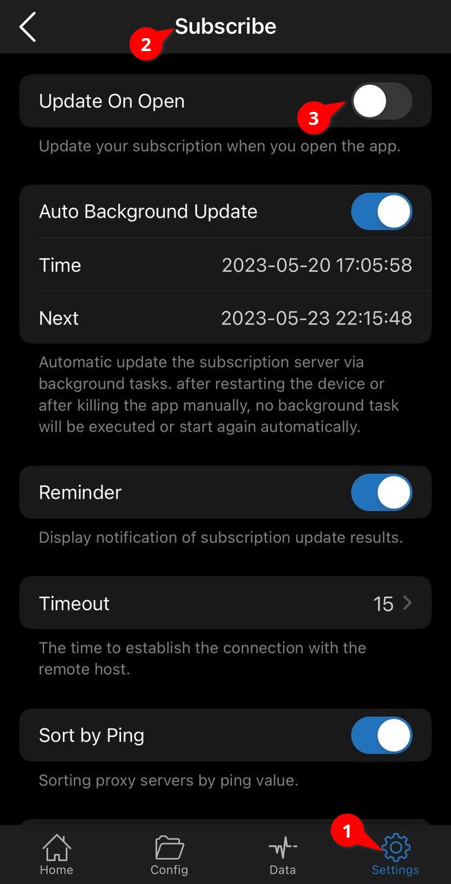 Раздел Subscribe в Shadowrocket с Update On Open и Auto Background Update