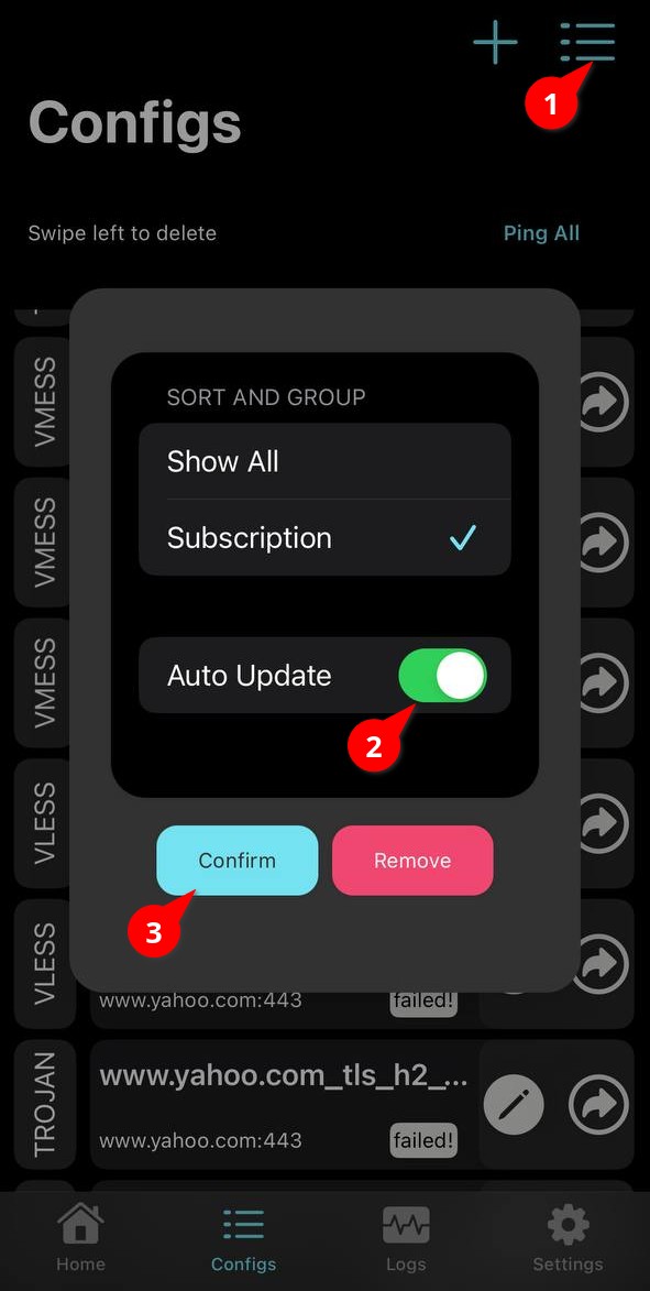 Настройки V2Box с включённым Auto Update