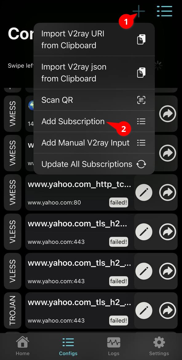 Меню Configs в V2Box с пунктом Add Subscription