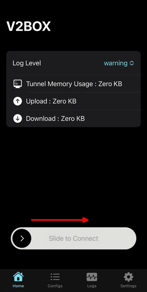 Главный экран V2Box со слайдером Slide to Connect