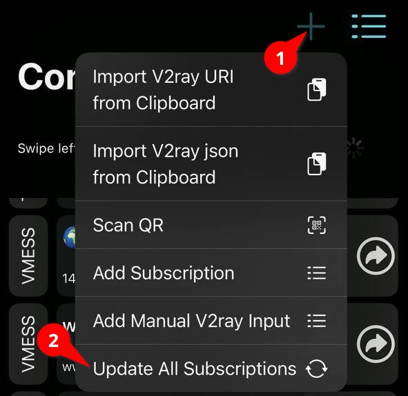 Меню V2Box с пунктом Update All Subscriptions