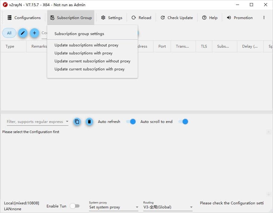 Открытое меню Subscription Group в v2rayN 7.15.7