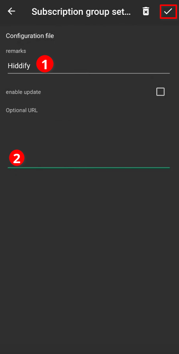 Форма группы подписки v2rayNG с полями remarks, URL и enable update