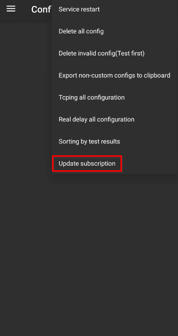 Меню v2rayNG с выделенным пунктом Update subscription